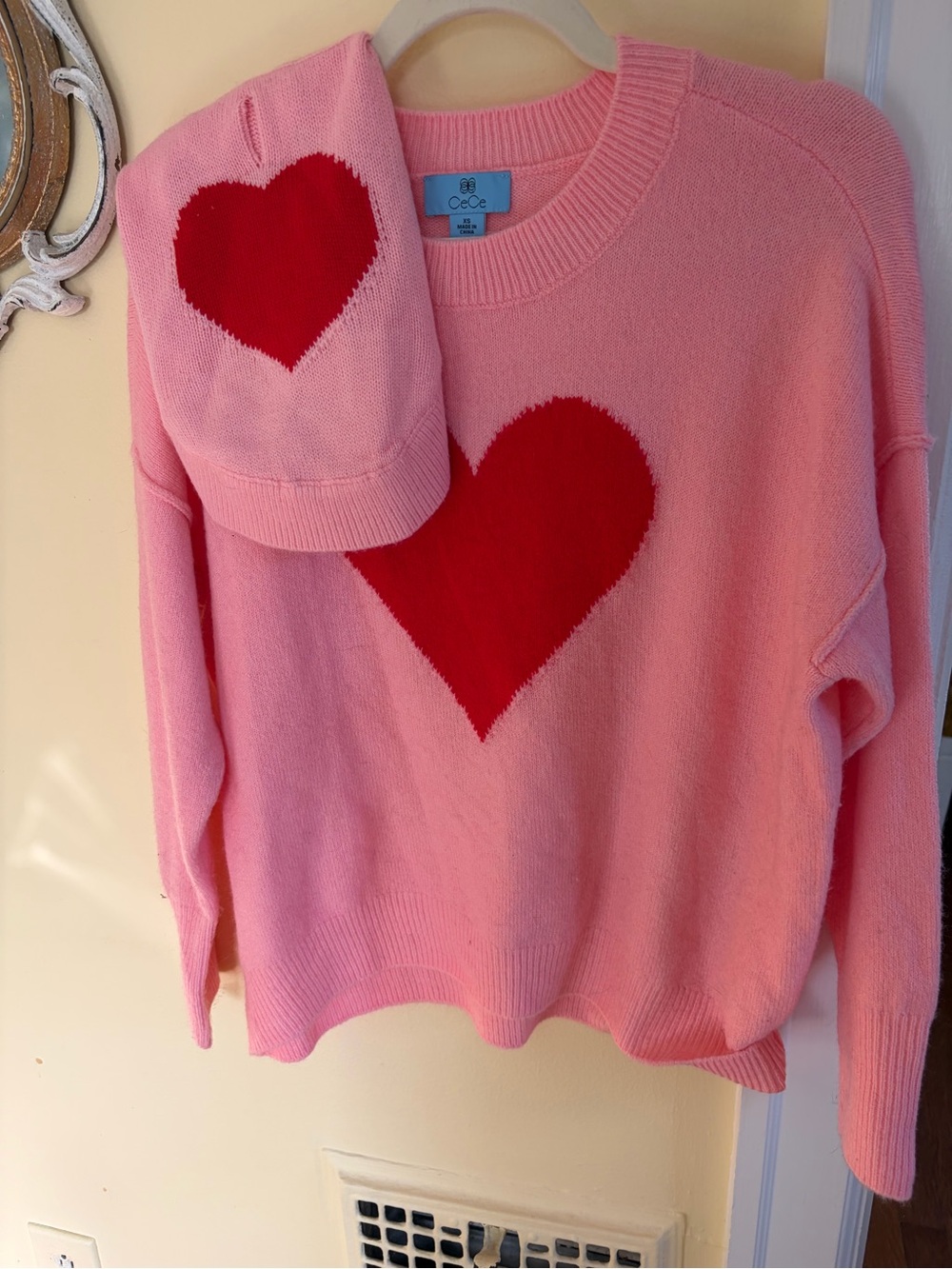 Matching set with your pet CeCe Pink Crewneck Sweater with Red Heart Motif
